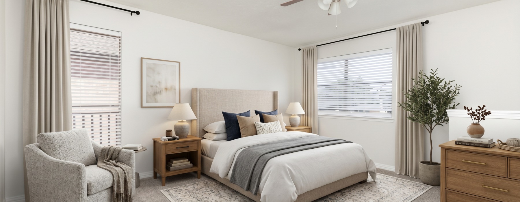 staged loft-style bedroom with ceiling fan