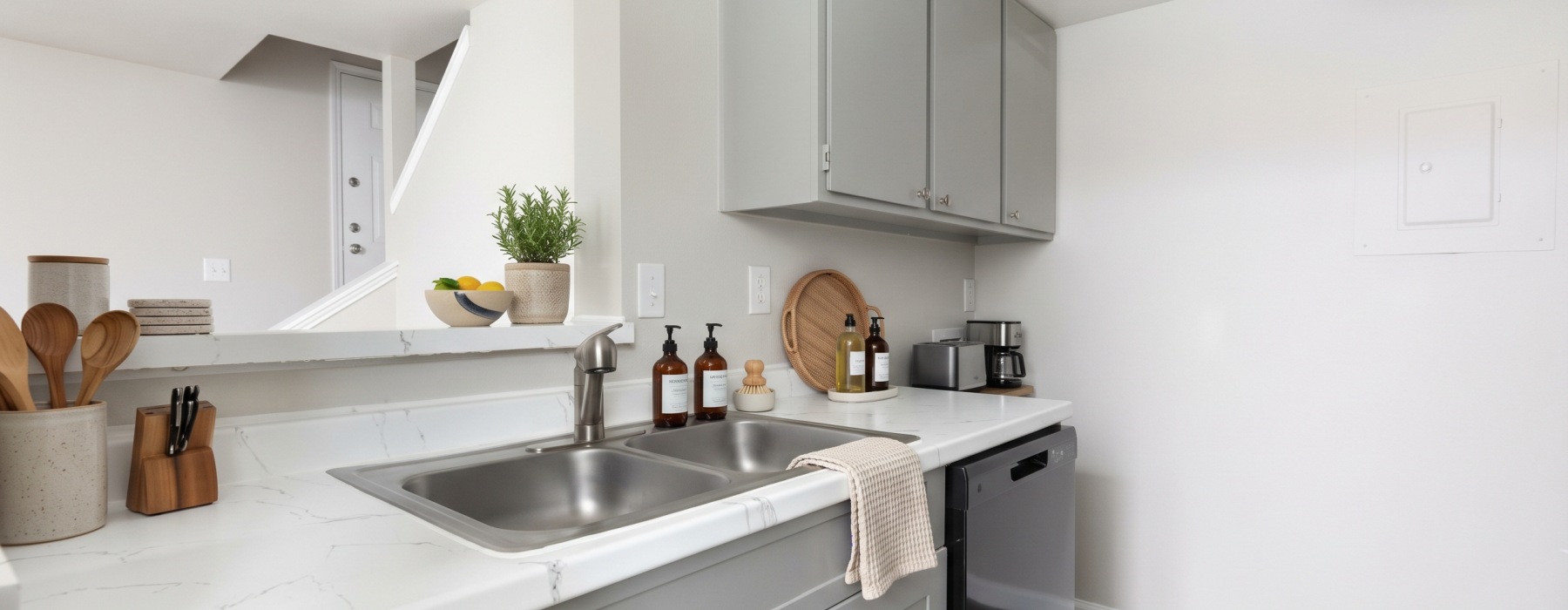 staged kitchen with grey cabinets, white counters, and black appliances