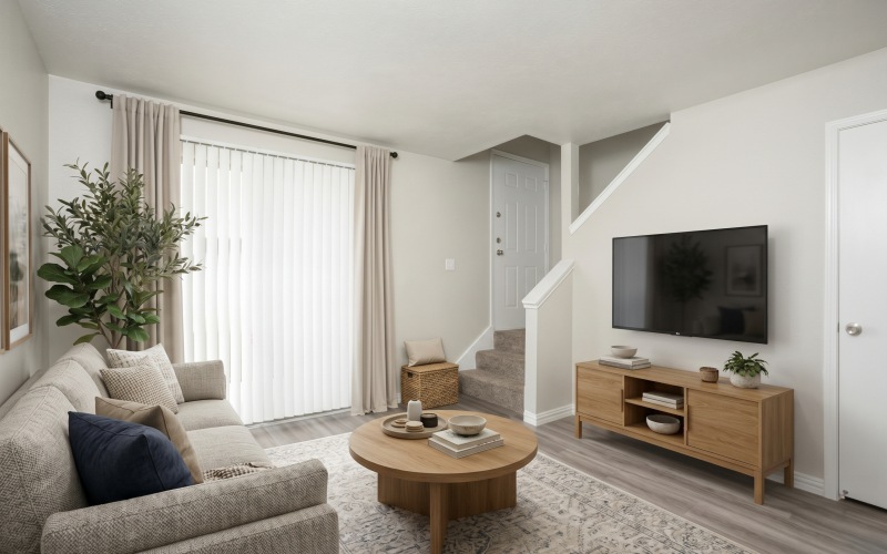 living room with grey wood floors, stair case, and sliding glass door